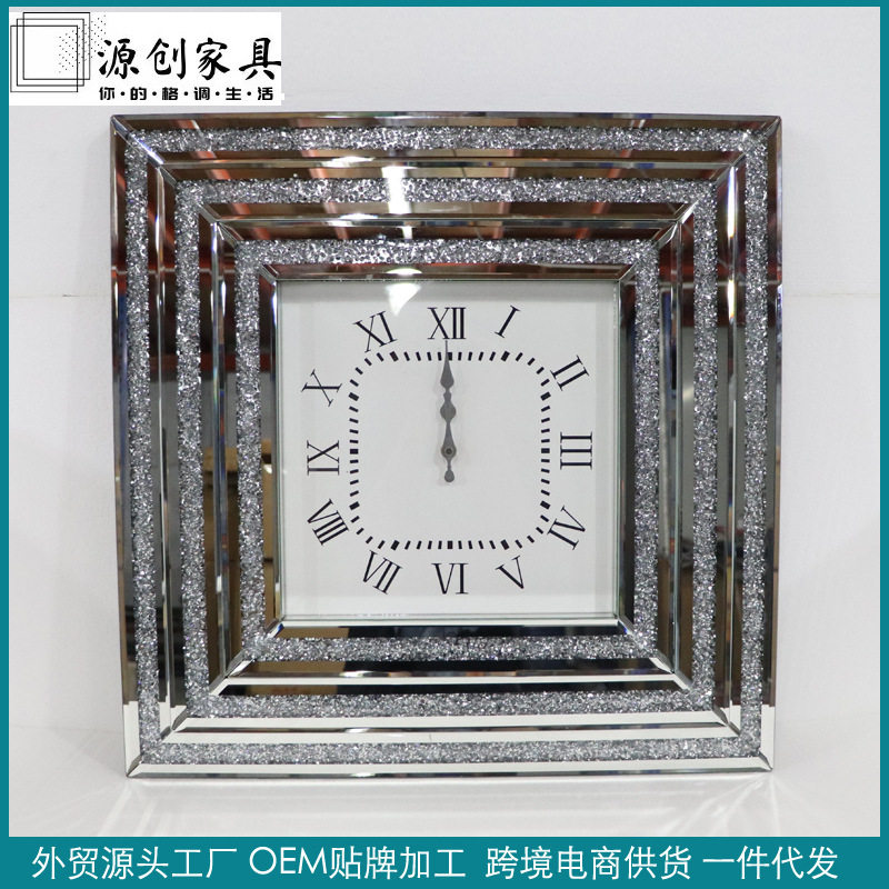 玻璃碎钻镜面正方形挂钟时钟客厅房间壁挂钟酒店静音现代简约时尚