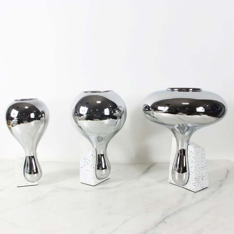 现代简约欧式银色水滴玻璃花器花瓶摆件样板房售楼处客厅软装饰品