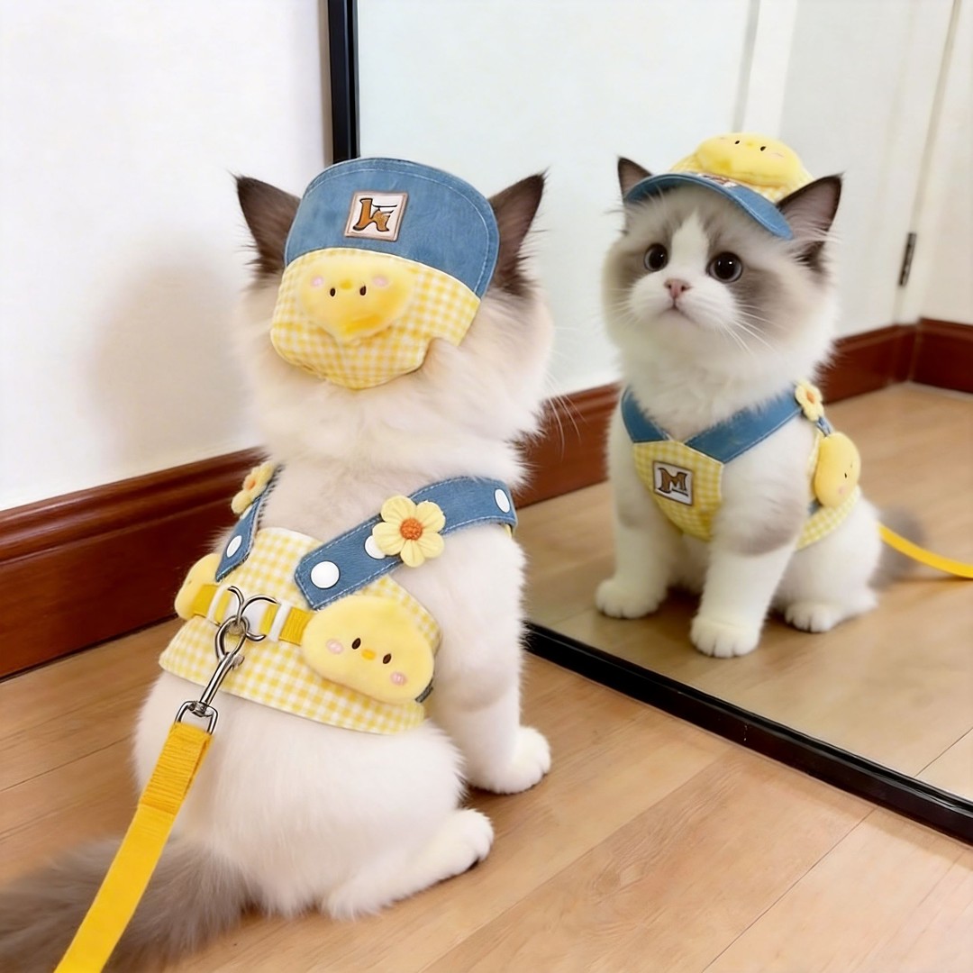 猫咪衣服牵引绳胸背带外出专用可爱防挣脱幼猫宠物遛猫绳拍照帽子图片