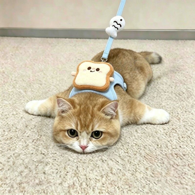猫咪牵引绳防挣脱不勒脖外出专用幼猫胸背带卡通面包遛猫绳可调节图片