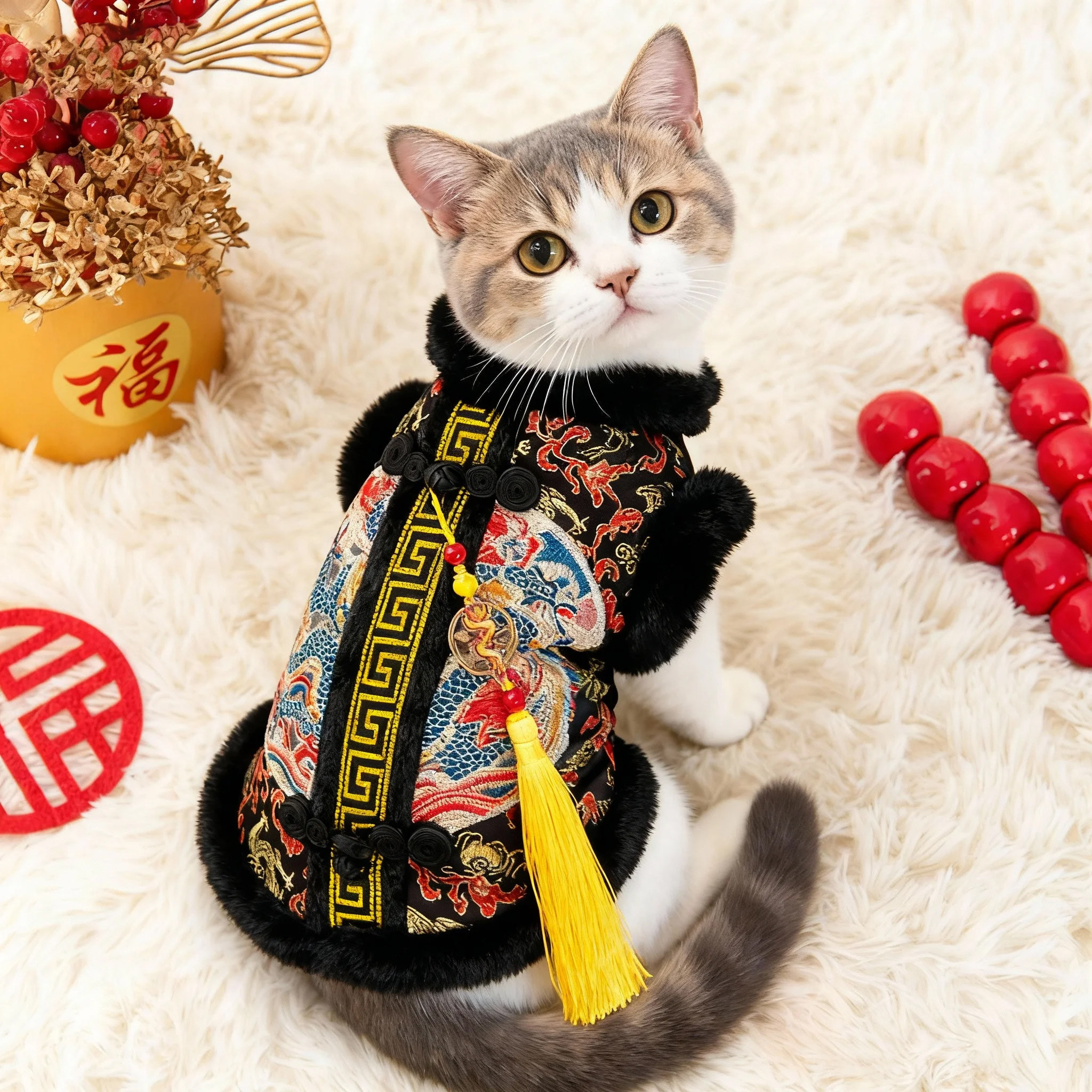 猫咪衣服保暖刺绣唐装加绒金渐层布偶英短小狗狗新年过年喜庆冬装