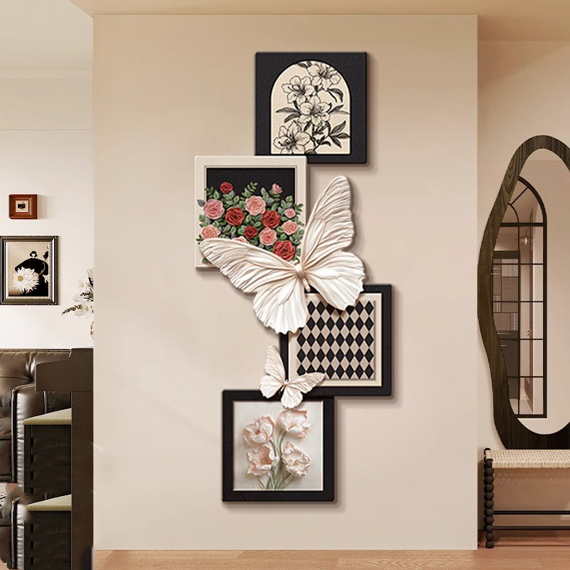 法式中古风入户玄关装饰画玫瑰蝴蝶壁灯客厅挂画复古走廊过道壁画图片