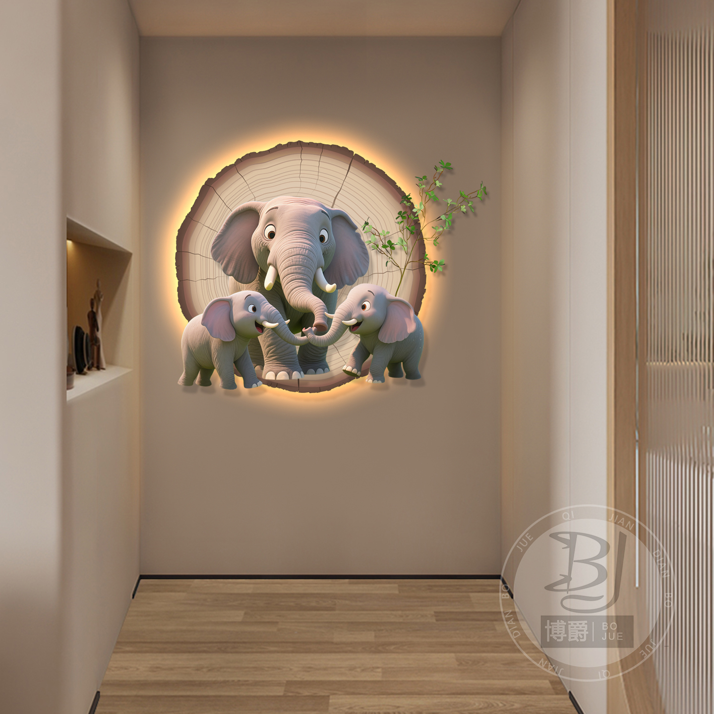 侘寂原木风玄关装饰画发光灯画