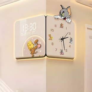 猫和老鼠拐角挂钟万年历数显电子钟高级转角双面时钟家用挂墙钟表