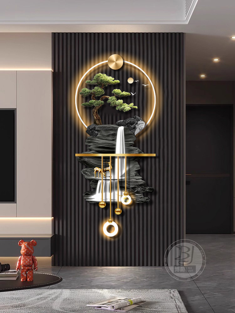 流水生财玄关装饰画轻奢迎客松玄关挂画电视背景墙发光壁灯画感应