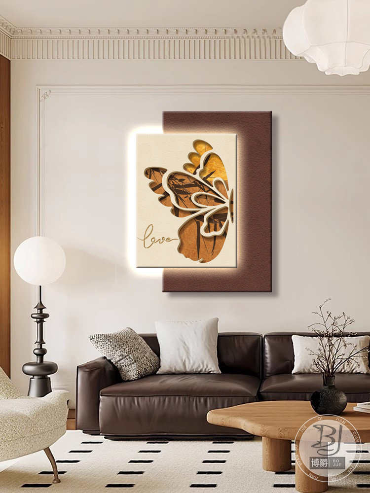 三维砂岩蝴蝶入口装饰画中世纪高端客厅背景墙壁画Led夜光灯画