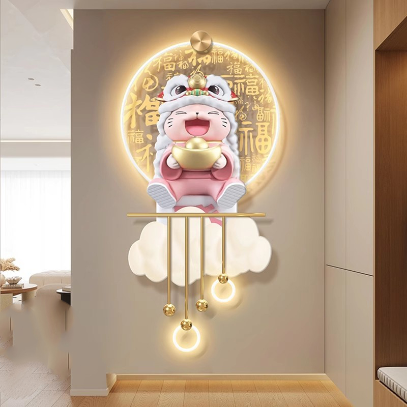 醒狮招财猫玄关装饰画奶油风福字走廊过道挂画卡通入户门带灯壁画