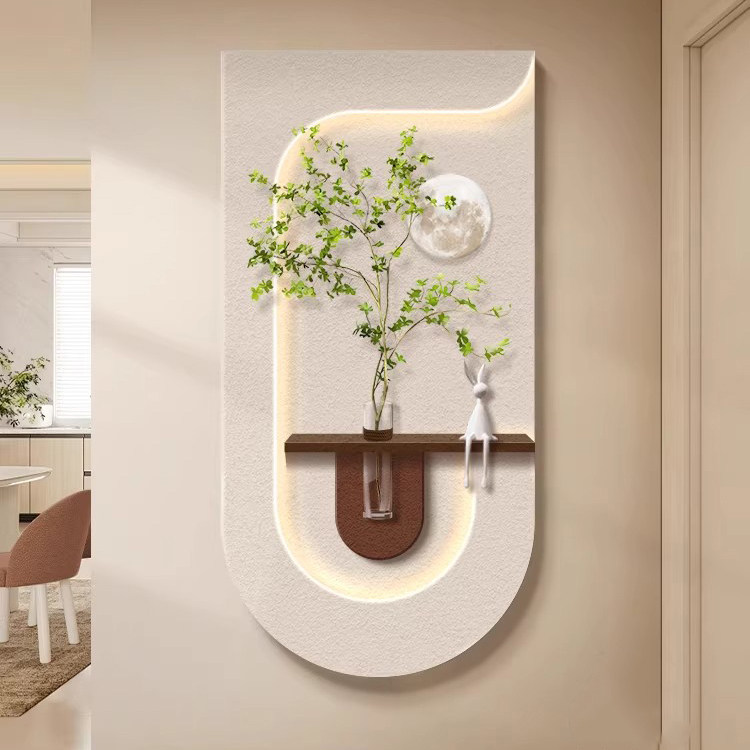 奶油风水培绿植玄关装饰画立体砂岩走廊过道挂画高级感客厅灯光画