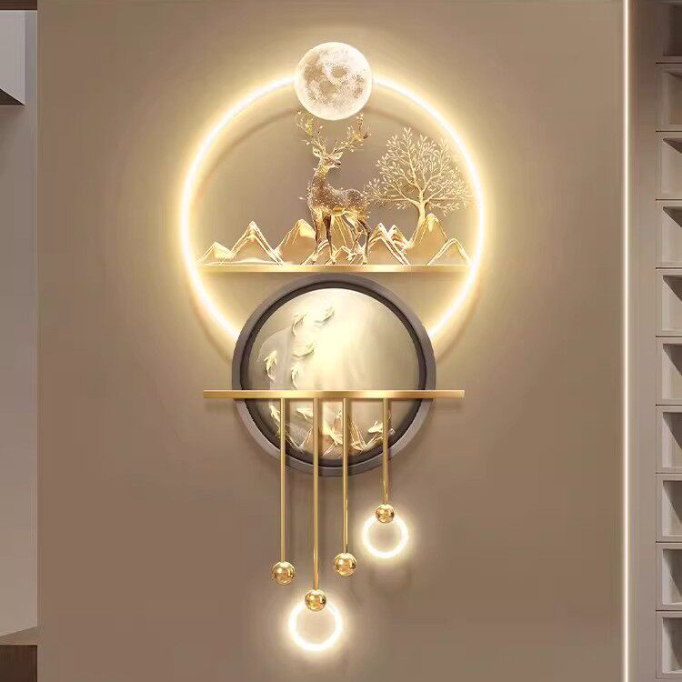 轻奢发财树玄关装饰画九鱼图入户门正对墙挂画福鹿走廊发光壁画灯