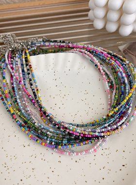 韩版复古马卡龙糖果色彩色串珠项链甜美可爱少女波西米亚颈链