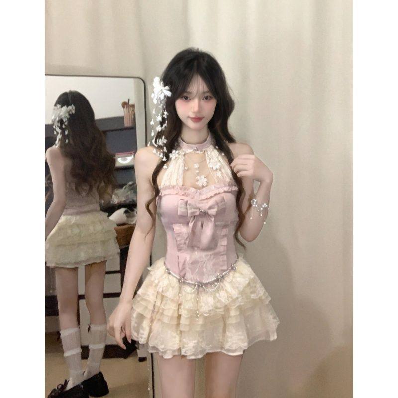 甜美纯欲风蕾丝拼接蝴蝶结挂脖上衣夏季新款高腰蛋糕半身裙套装女,模玩/动漫/周边/娃圈三坑/桌游,lolita洛丽塔/软妹装/洋装,淘宝优惠券,粉丝福利购,淘宝优惠卷