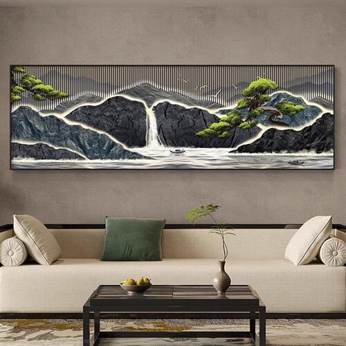 茶室装饰画迎客松新中式禅意客厅沙发背景挂画办公室聚财山水壁画