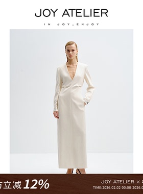 JOY ATELIER7007聚光灯下 宽肩深V高腰超长款精纺羊毛连衣裙女