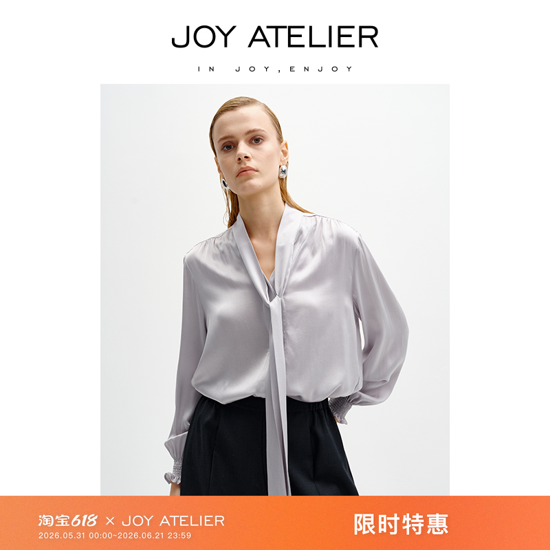 JOY ATELIER3015伦敦硅谷 V领飘带花袖口100%桑蚕丝衬衫长袖上衣