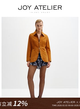 JOY ATELIER4010珊瑚玫瑰 翻领圆摆高腰摩登复古双开拉链夹克外套