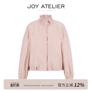 JOY 绵羊皮轻涂精致活泼外套女窄边花边立领宽松皮衣 小雏菊