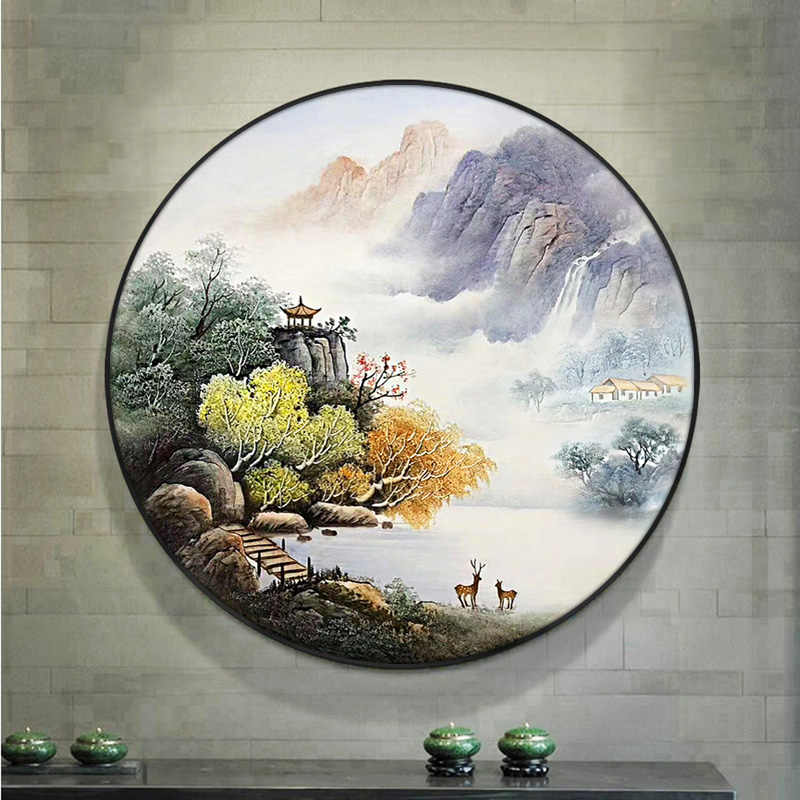 新中式客厅玄关山水风景画圆形装饰画餐厅壁画手绘油画福鹿挂画图片