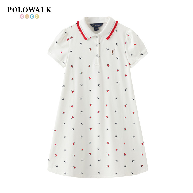 POLOWALK童装夏季女童短袖连衣裙翻领印花时尚polo裙