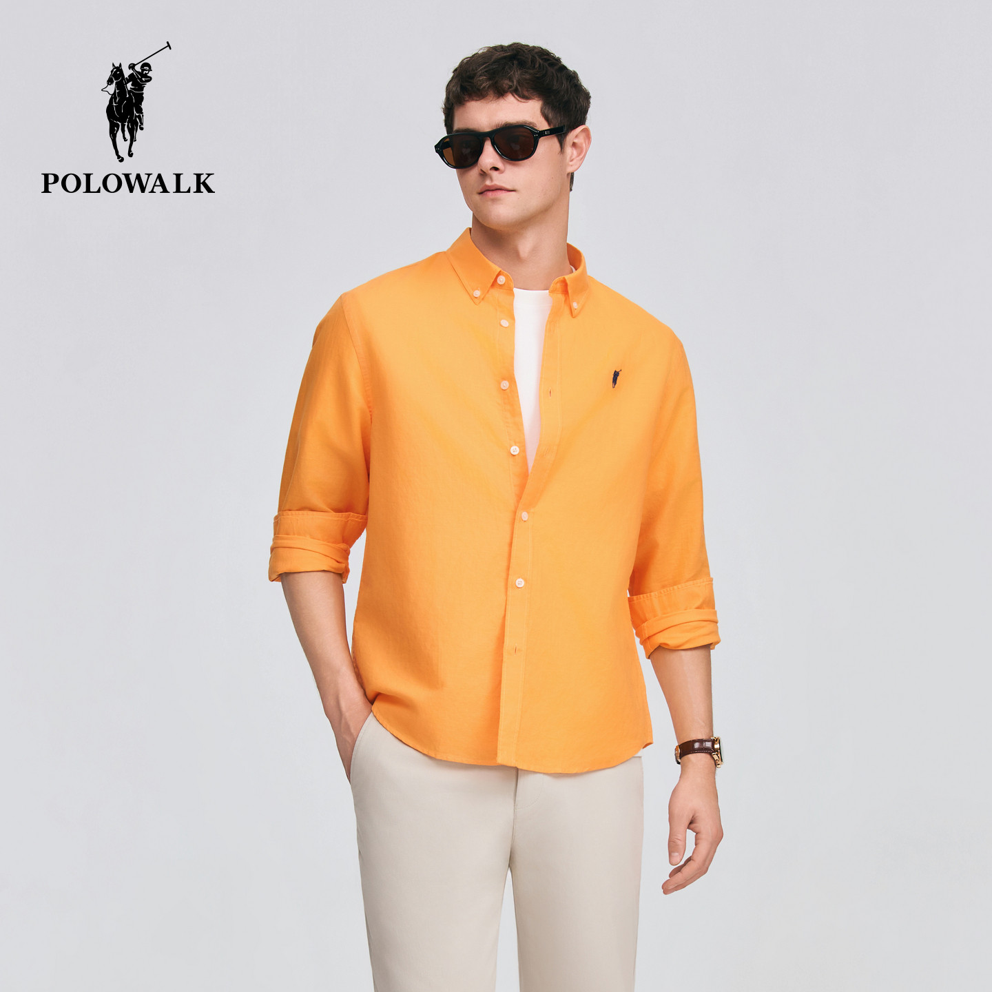 POLOWALK男式长袖衬衫2026春季新品纽扣领简约休闲通勤长袖衬衫