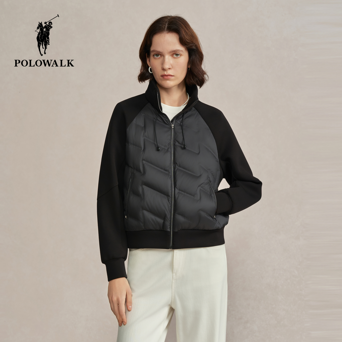 POLOWALK女式羽绒服2025冬季新品简约通勤90鸭绒立领拼接羽绒外套