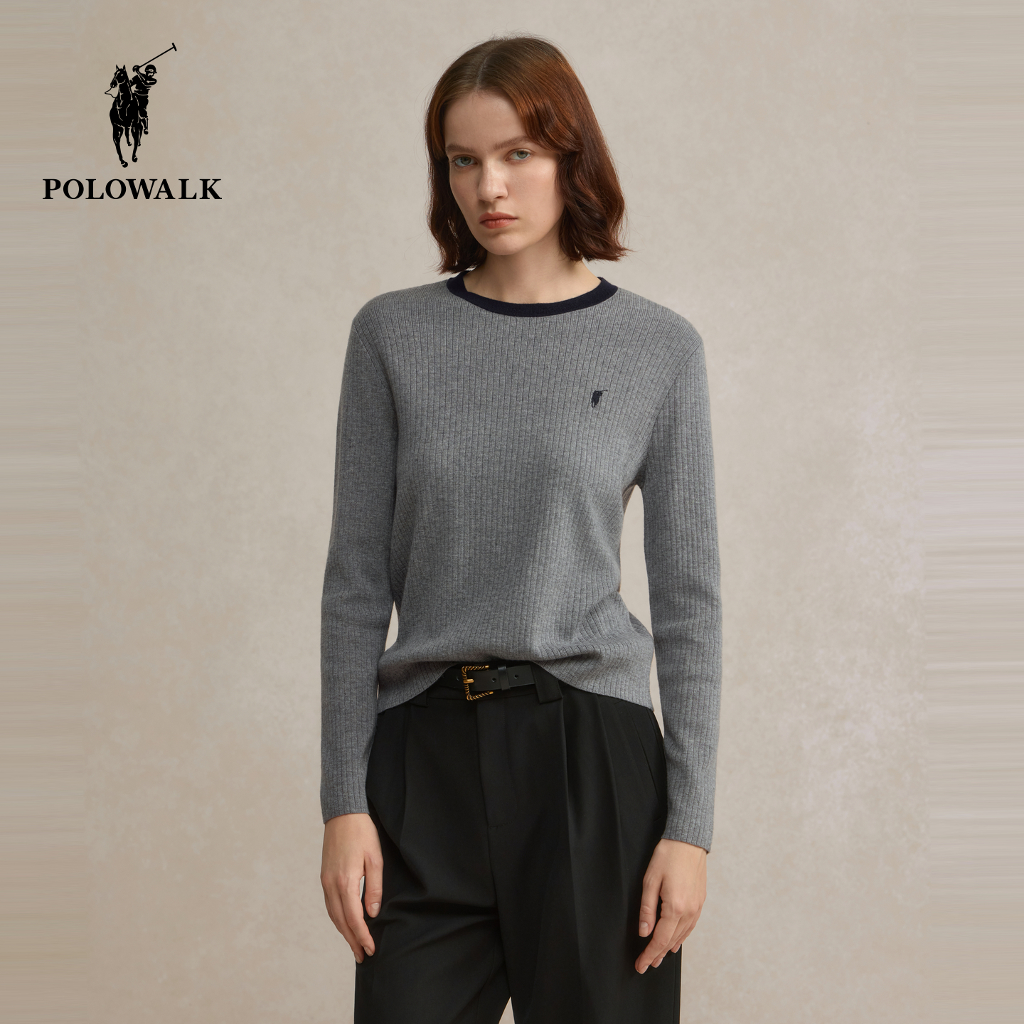 【含绵羊毛】POLOWALK女式长袖针织衫2025秋季新品韩版显瘦上衣女