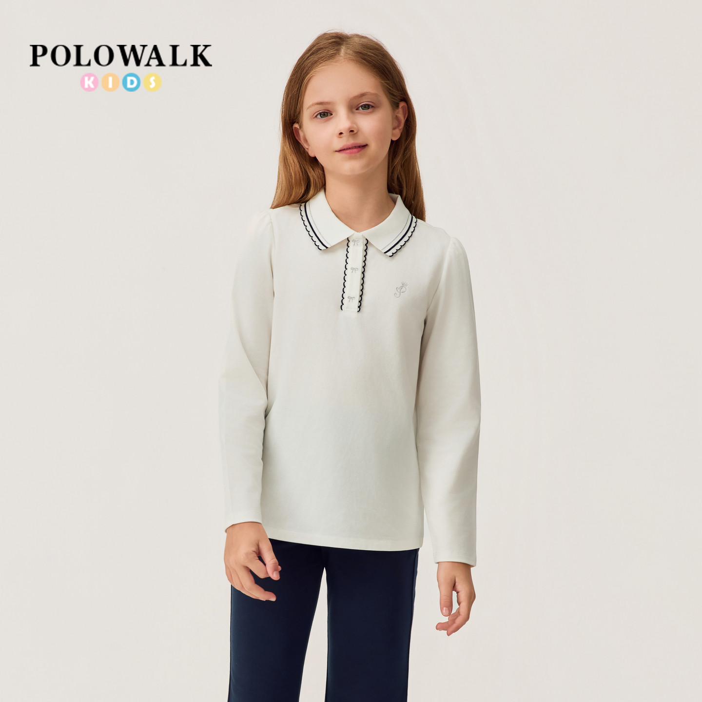 POLOWALK女童长袖T恤2026夏季新品甜美学院风童装翻领套头上衣