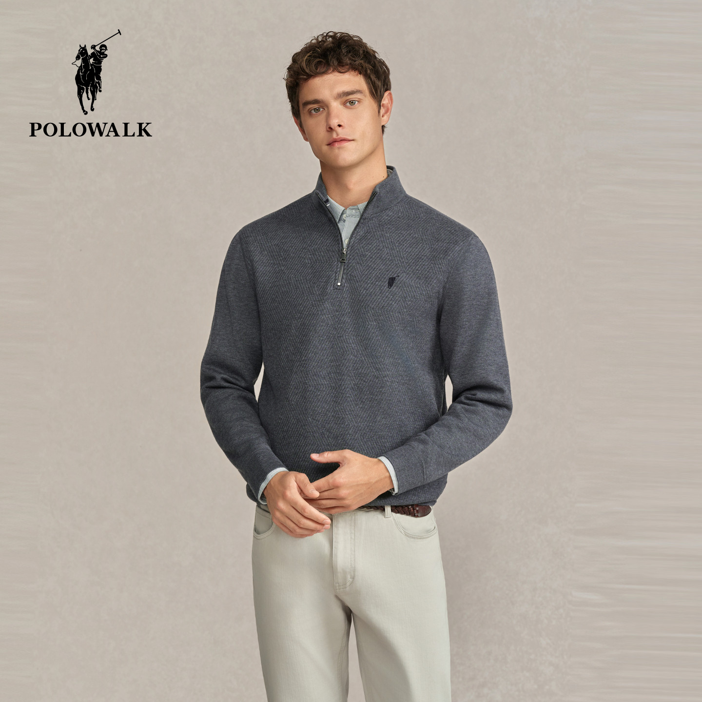 POLOWALK男式针织衫2025冬季新品时尚挺括半拉链套头加绒针织衫男
