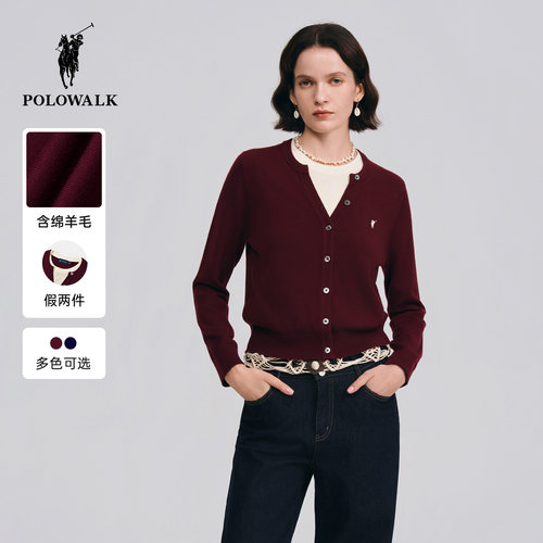 【红色款】POLOWALK女式长袖针织衫2026春季新品假两件领口针织衫