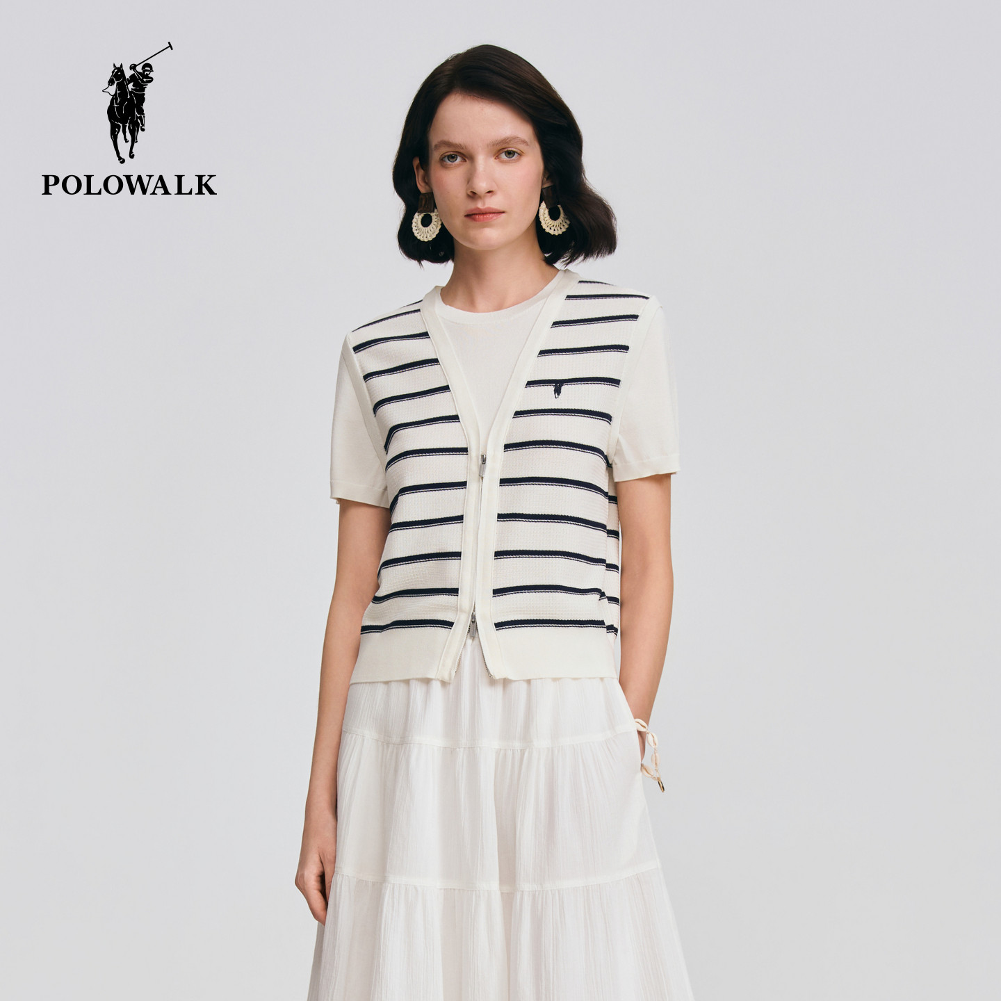 POLOWALK女式短袖针织衫2026春季新品假两件条纹拉链马甲圆领短袖