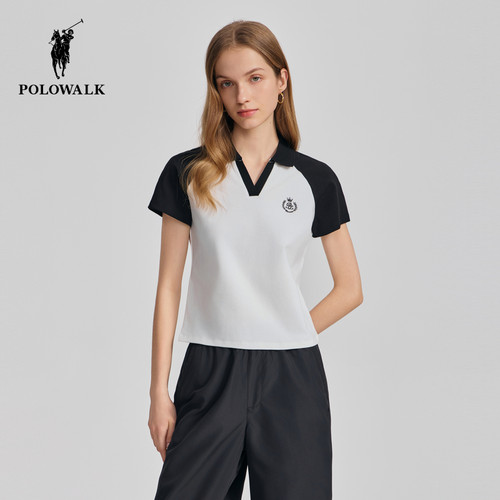 POLOWALK撞色V领女式短袖POLO衫