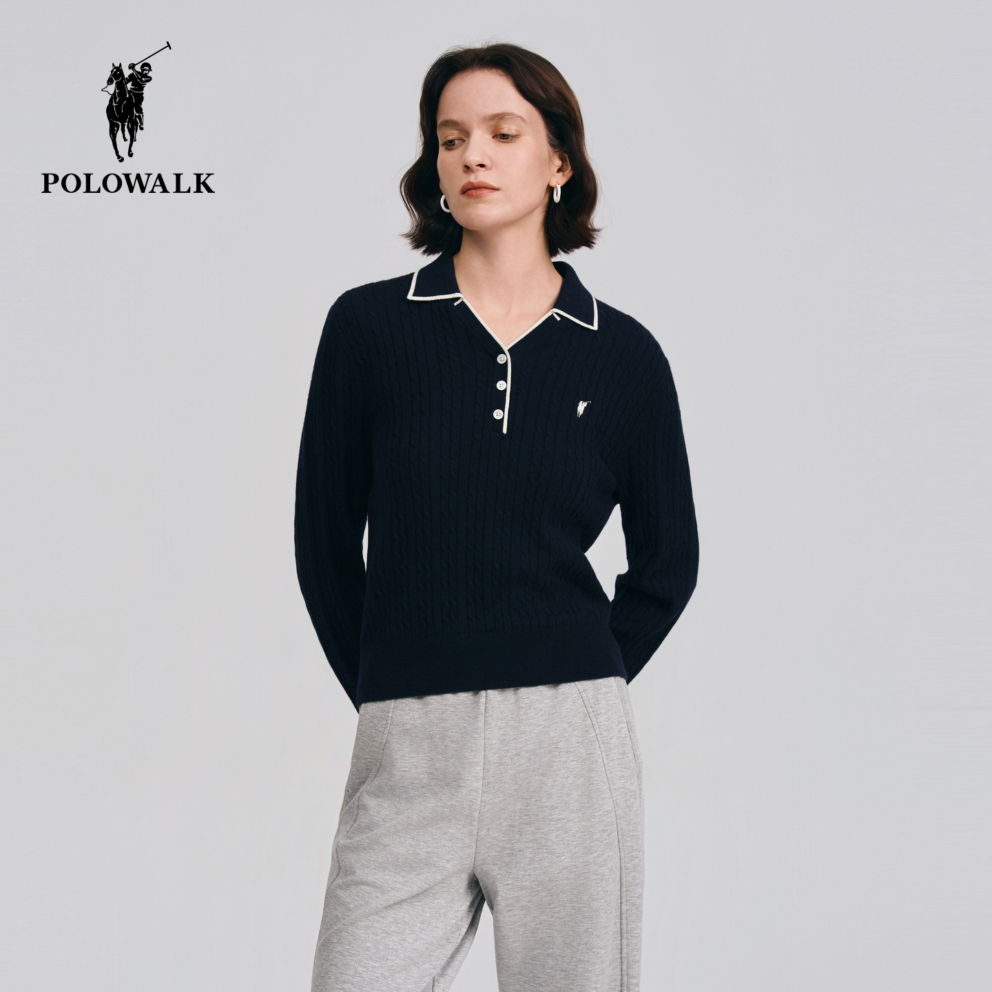 POLOWALK女式长袖针织衫2026春季新品撞色显瘦小V领长袖