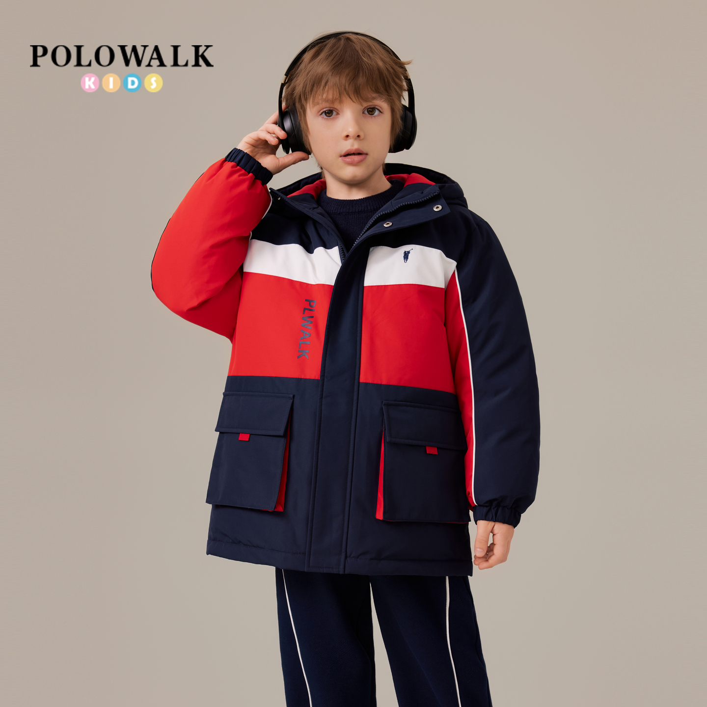 POLOWALK童装男童羽绒服2025冬季新品撞色宽松连帽保暖鸭绒外套