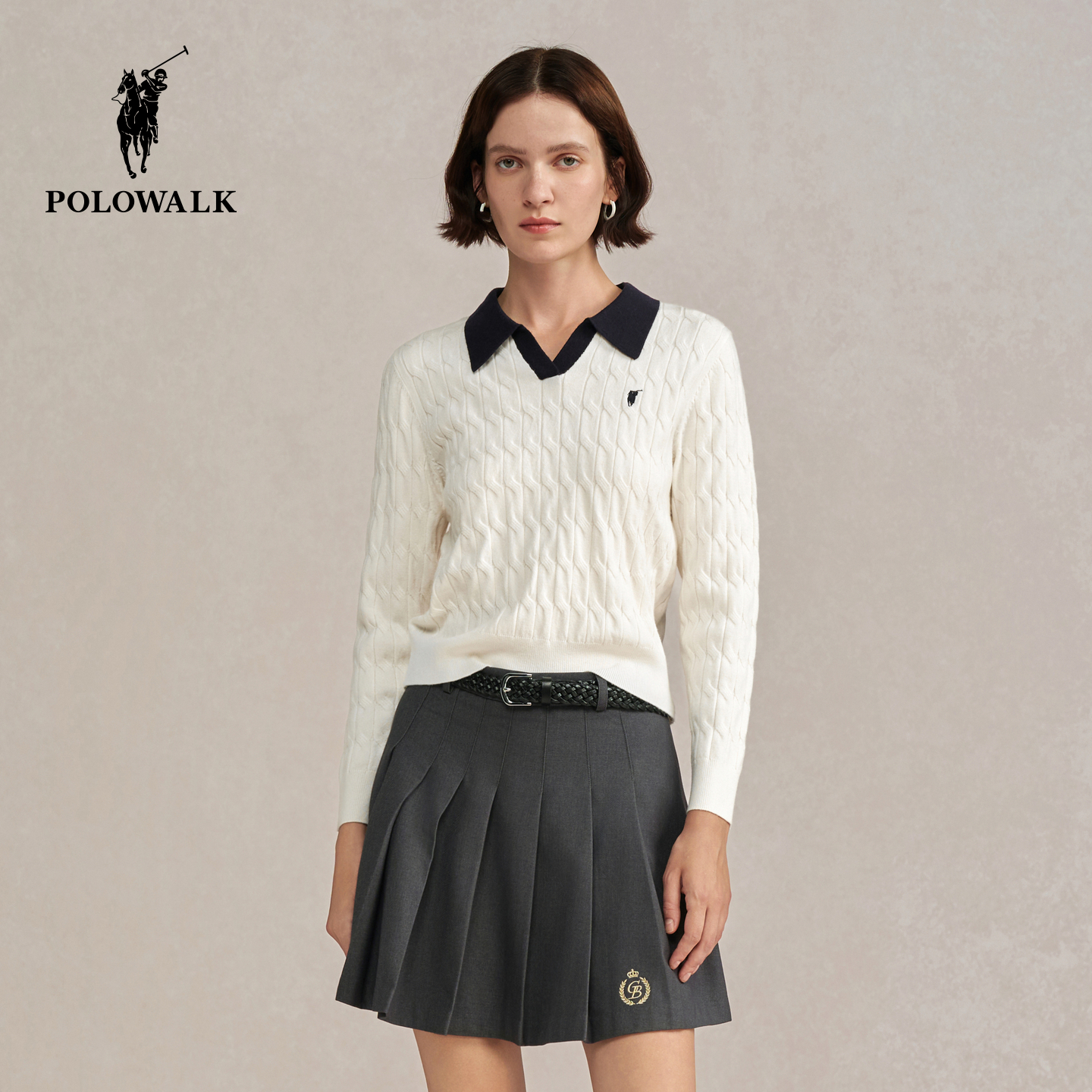 POLOWALK女式长袖针织衫2025秋季新品时尚绞花修身显瘦套头上衣女