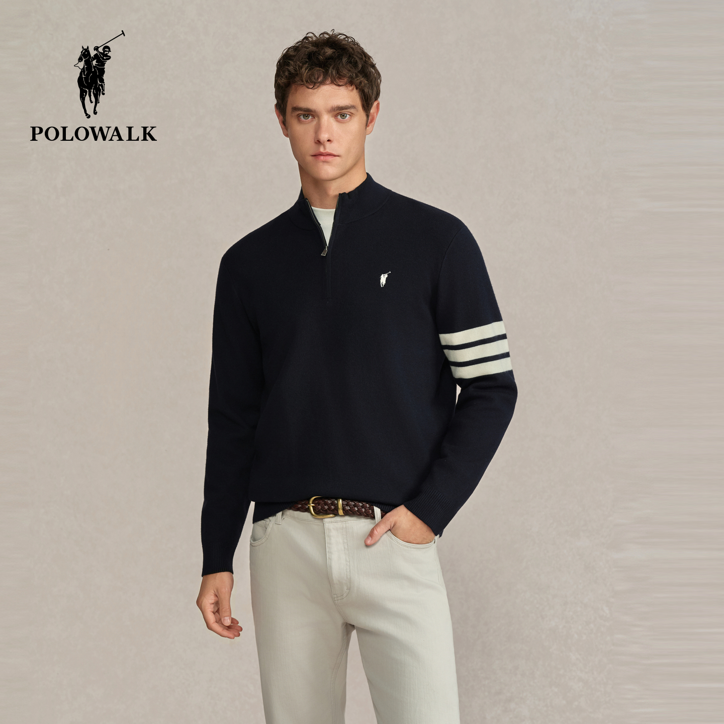 POLOWALK男式针织衫2025冬季新品时尚挺括半拉链立领条纹加绒上衣