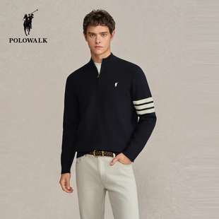 时尚 POLOWALK男式 新品 2025冬季 挺括半拉链立领条纹加绒上衣 针织衫