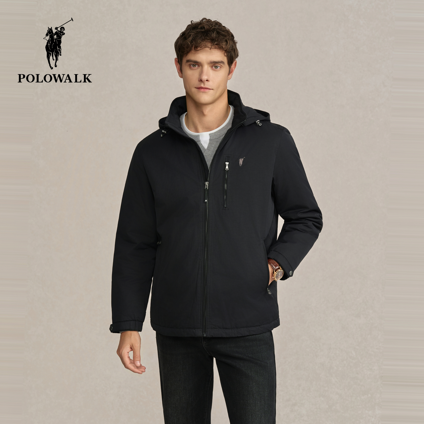 POLOWALK男式羽绒服2025冬季新品90鸭绒保暖户外休闲立领连帽外套