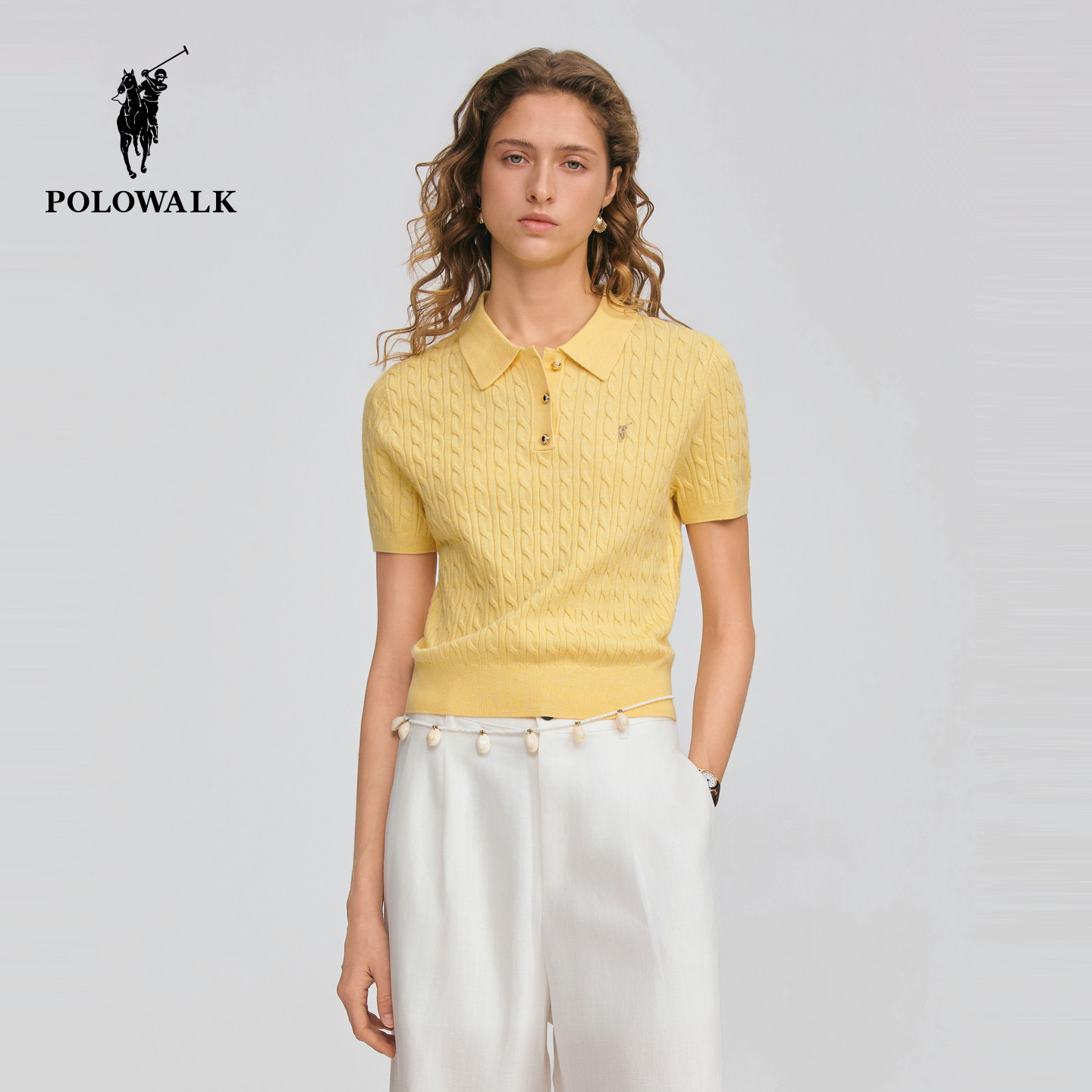 POLOWALK女式短袖针织衫2026春季新品翻领绞花休闲百搭短袖针织衫
