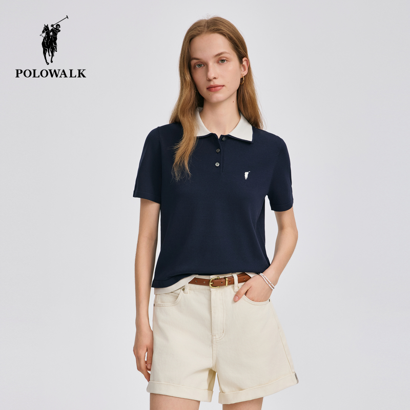 POLOWALK女装2025夏季新品女式短袖针织衫翻领时尚撞色针织T恤女