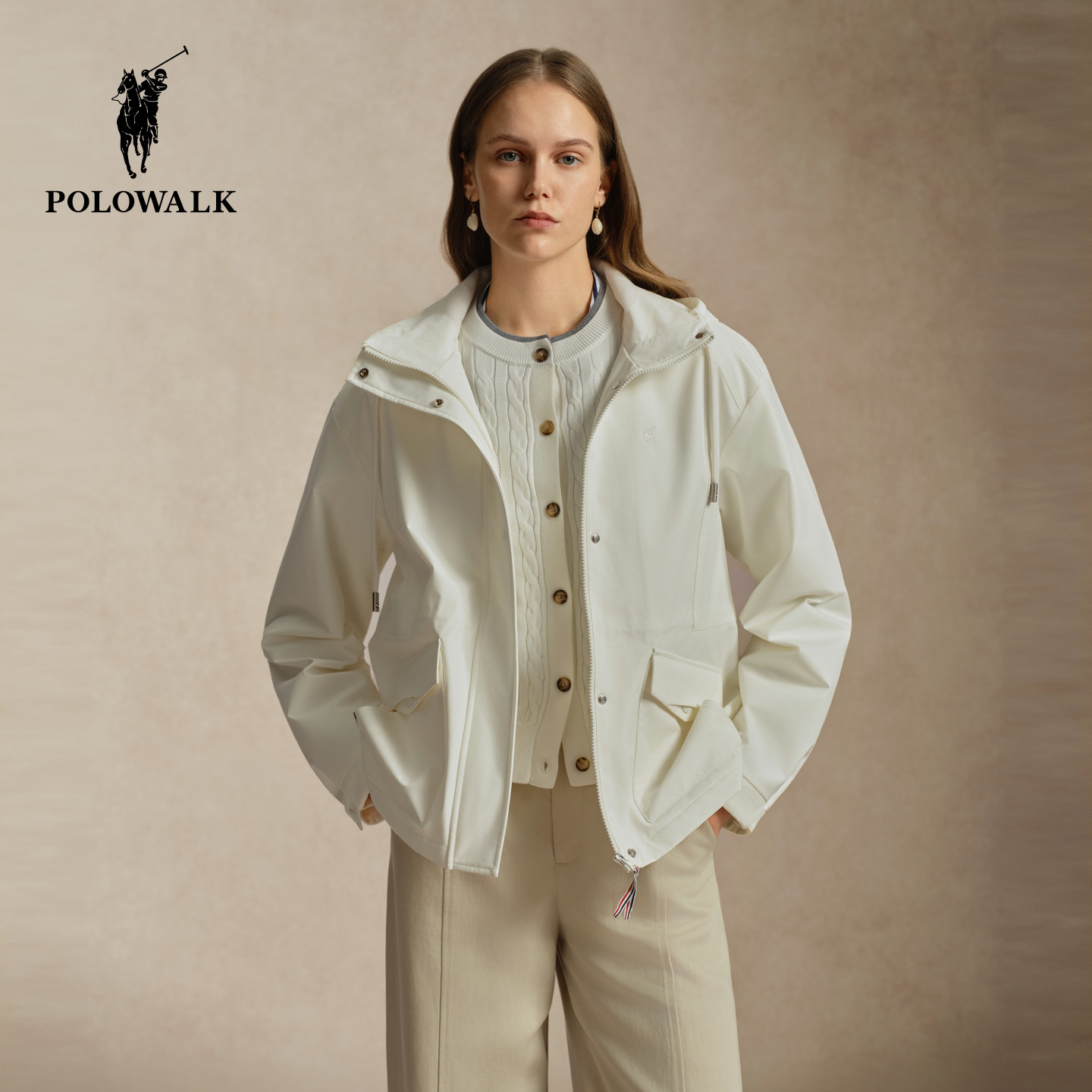 POLOWALK女式外套2026冬季新品经典连帽工装风户外休闲纯色外套