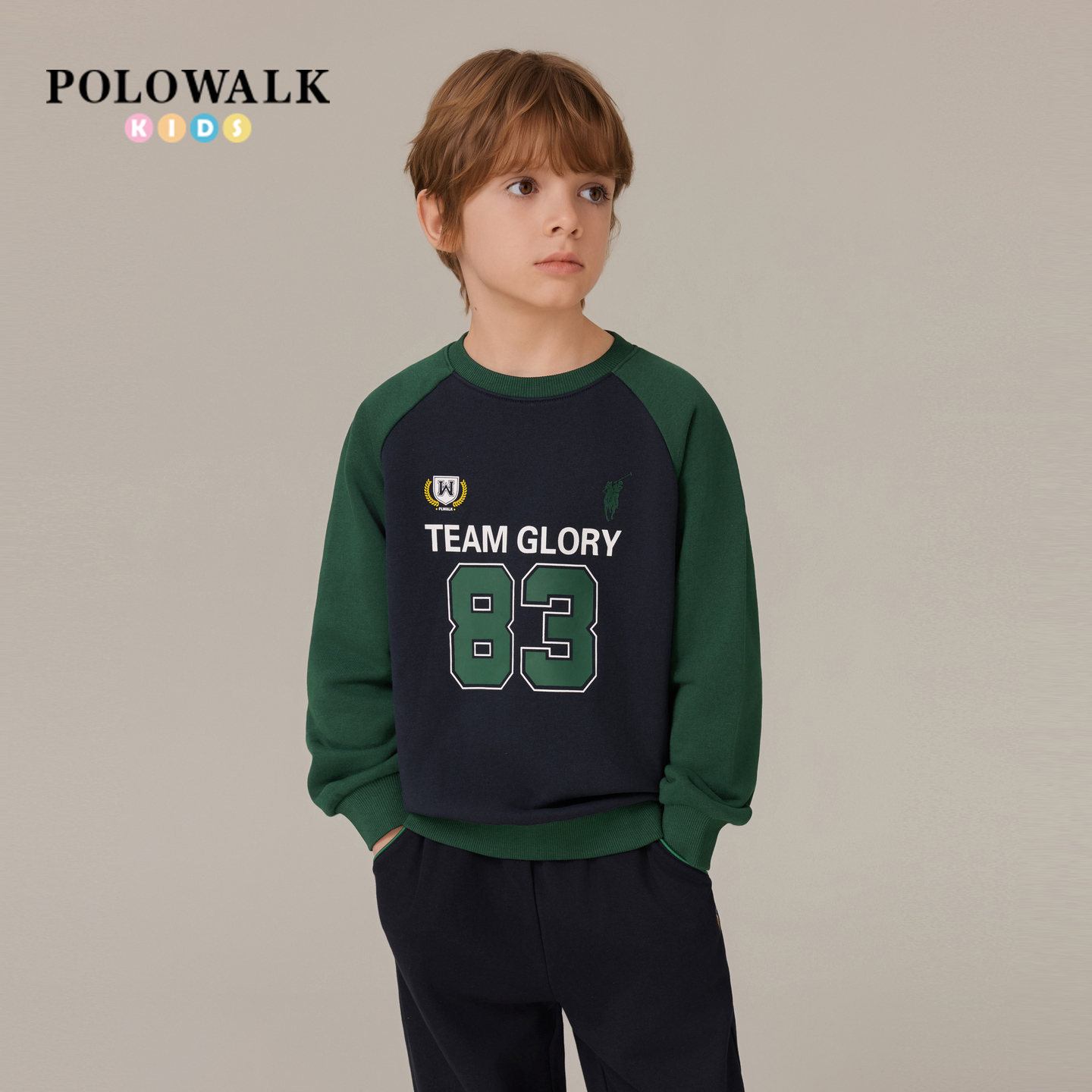 POLOWALK童装男童卫衣2025秋季新品时尚印花撞色圆领休闲套头上衣