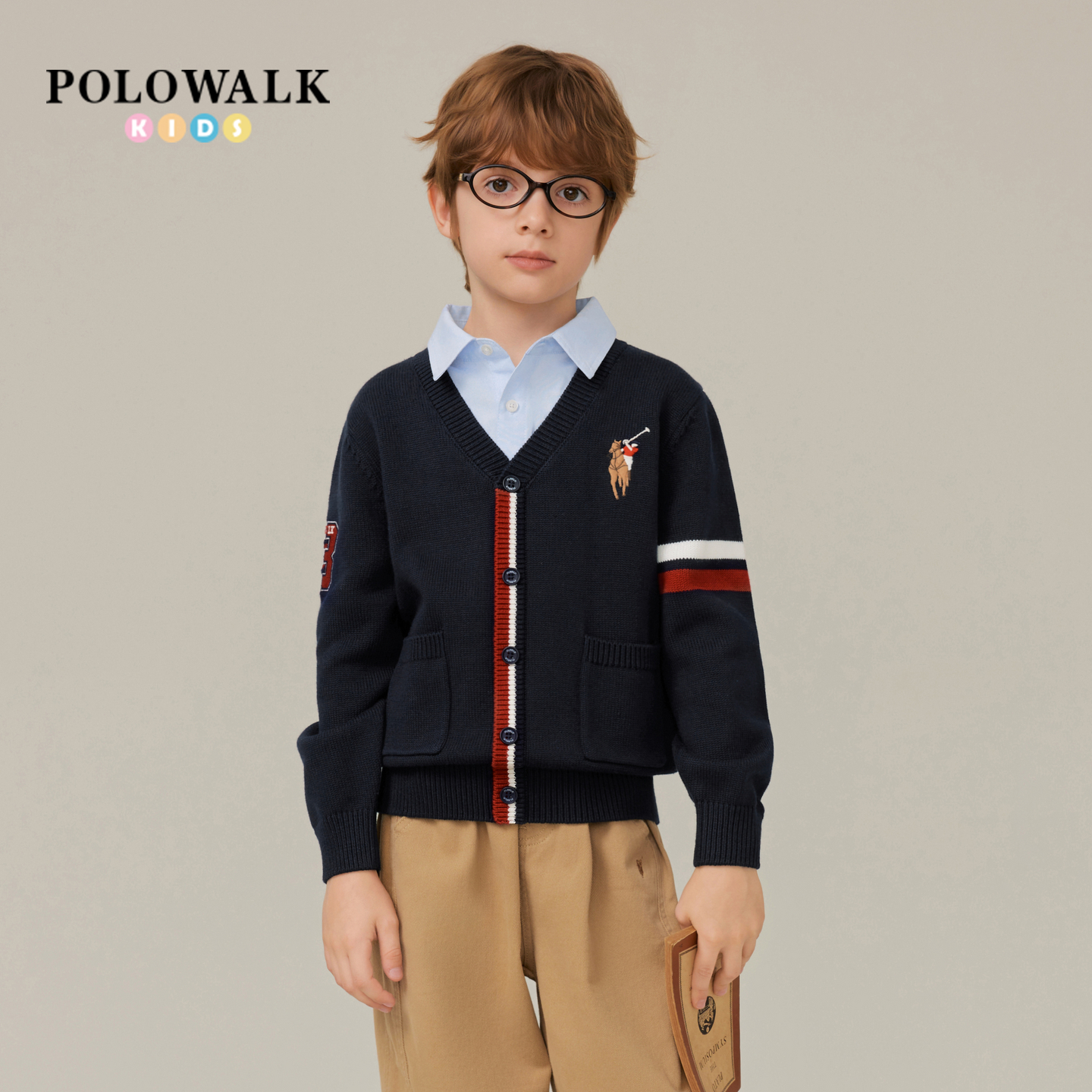 POLOWALK童装男童针织衫2025秋季新品假两件衬衫领韩系针织开衫