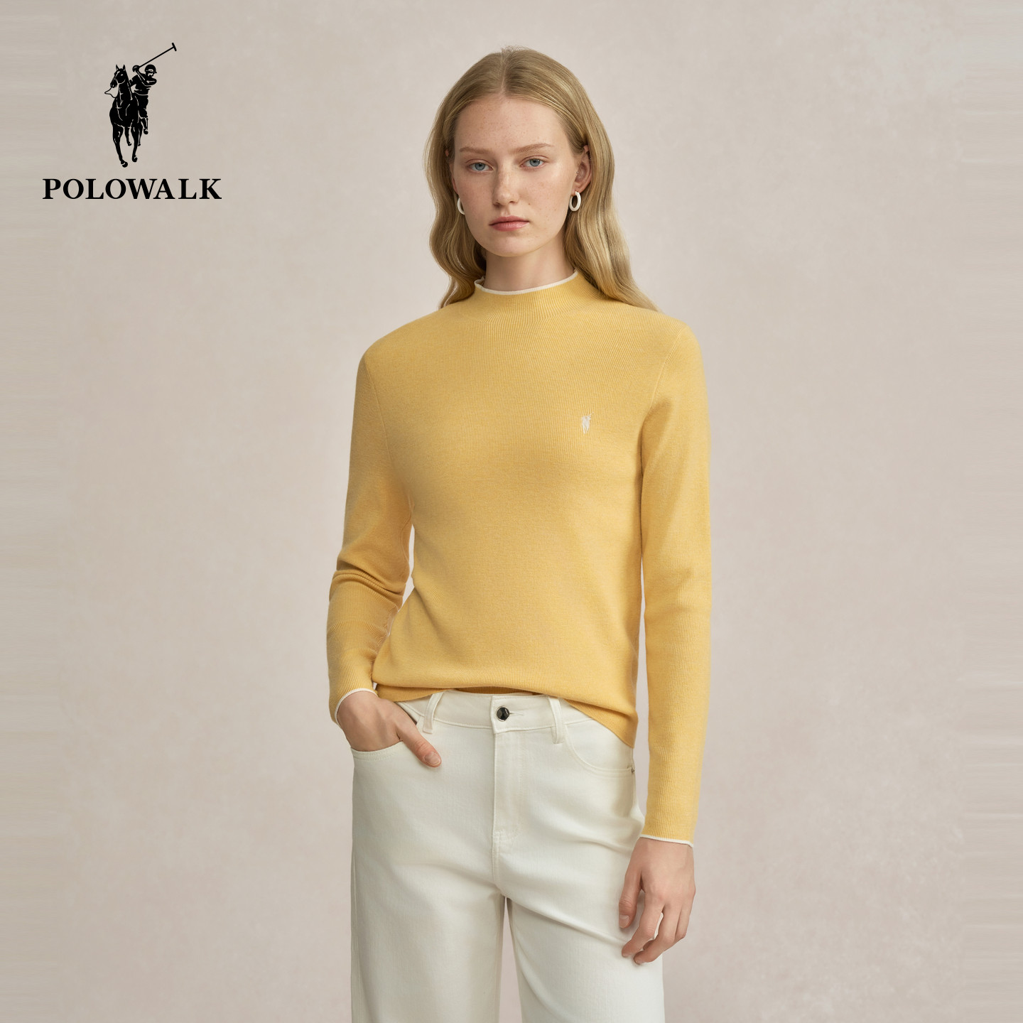 POLOWALK半高领针织衫女士秋冬新款套头毛衣百搭经典款内搭打底衫