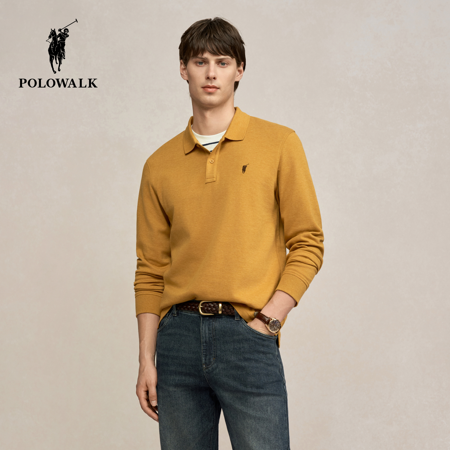 POLOWALK男式长袖T恤2025秋季新品商务休闲通勤翻领百搭男装上衣