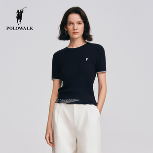 POLOWALK女式短袖针织衫2026春季新品亚麻混纺层次感罗纹圆领上衣