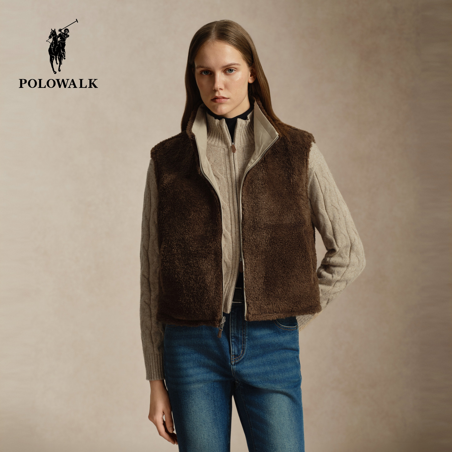【100%棉】POLOWALK女式马夹2026冬季新品双面穿立领摇粒绒背心