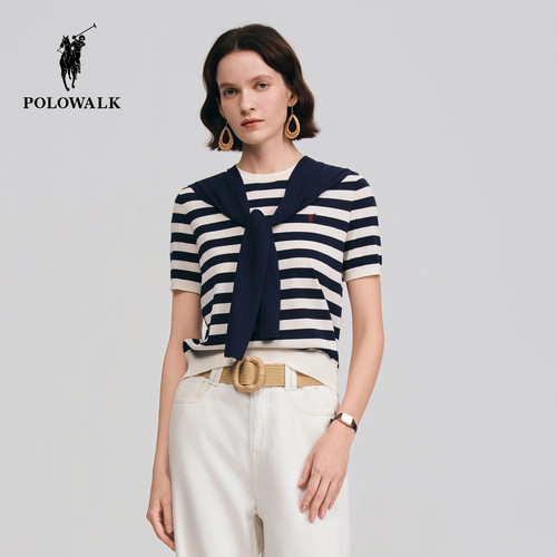 POLOWALK女式短袖针织衫2026夏季新品披肩慵懒风条纹显瘦短袖上衣