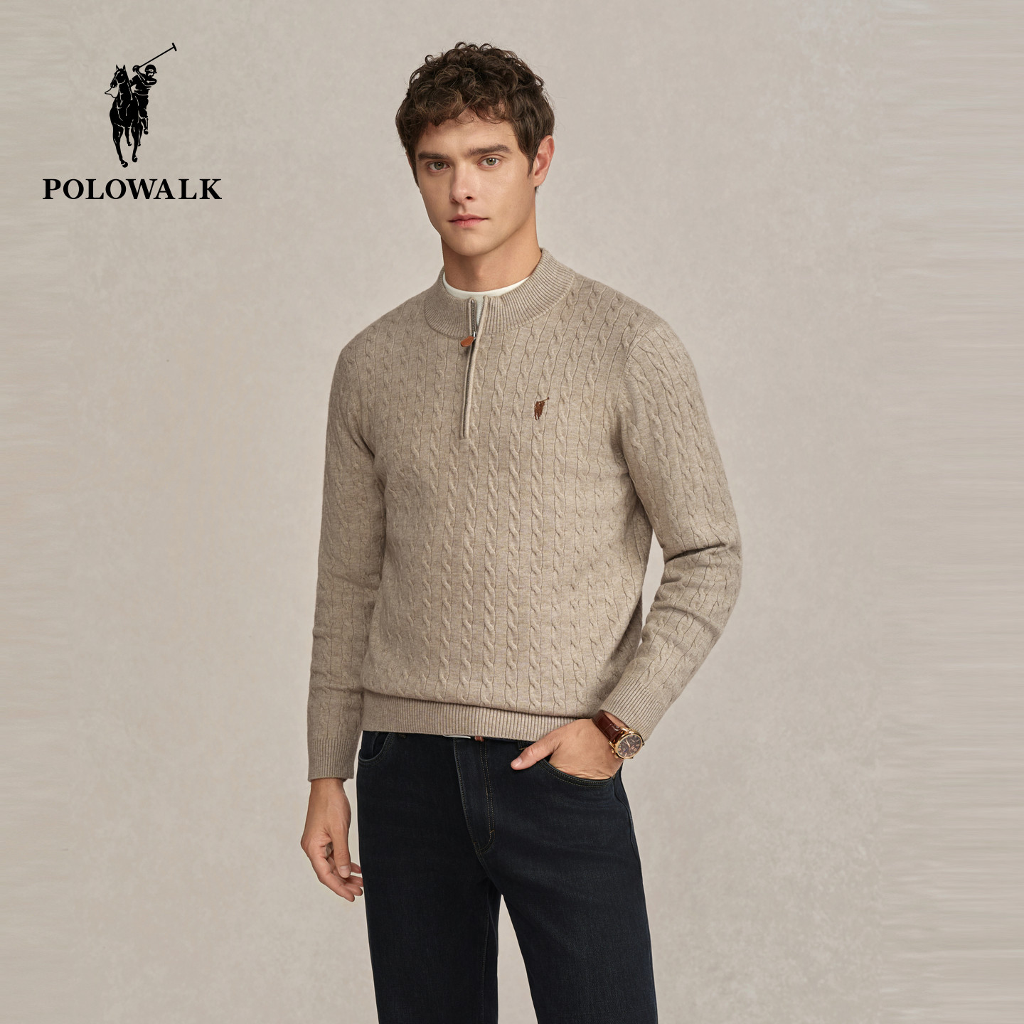POLOWALK男式针织衫2025秋季新品时尚百搭绞花半高领套头针织衫男