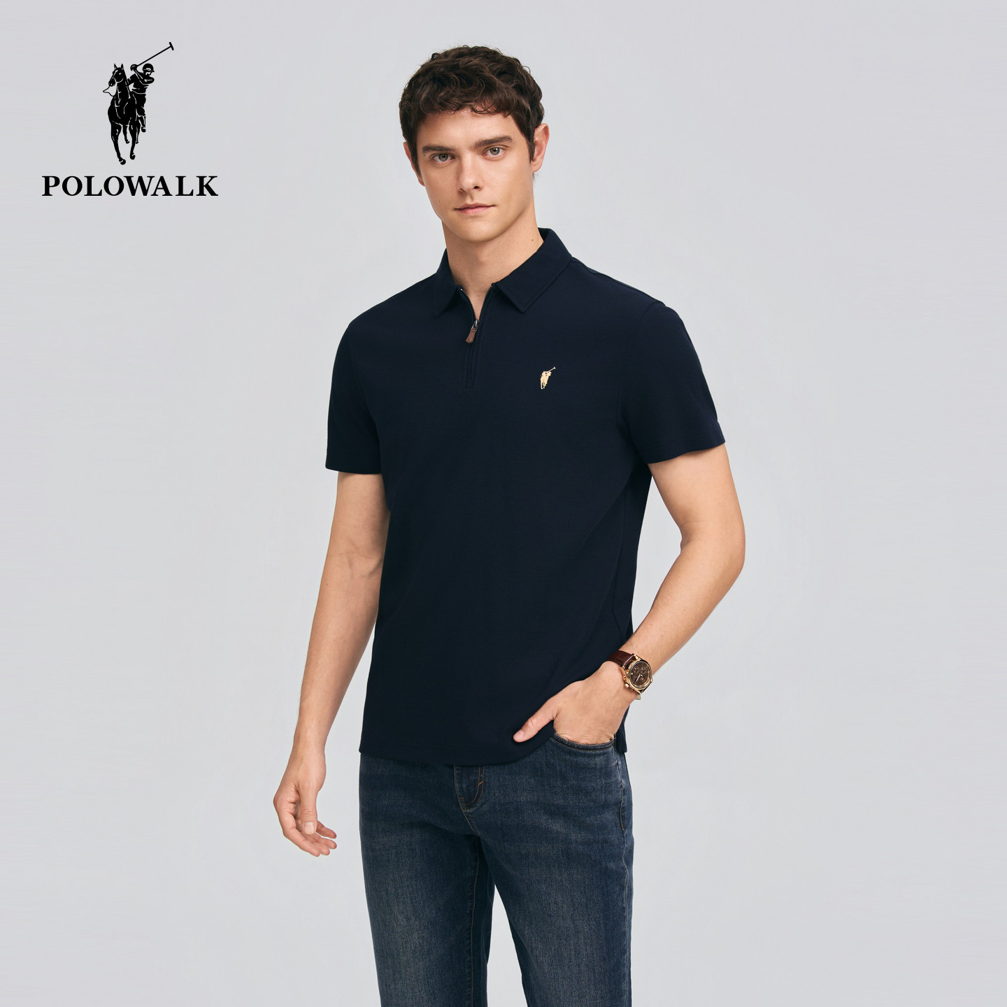 POLOWALK男式POLO衫2026夏季新品经典翻领半拉链商务短袖POLO衫