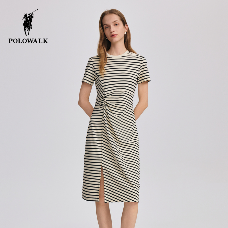 POLOWALK女式短袖针织连衣裙2025夏季新品百搭收腰潮流中