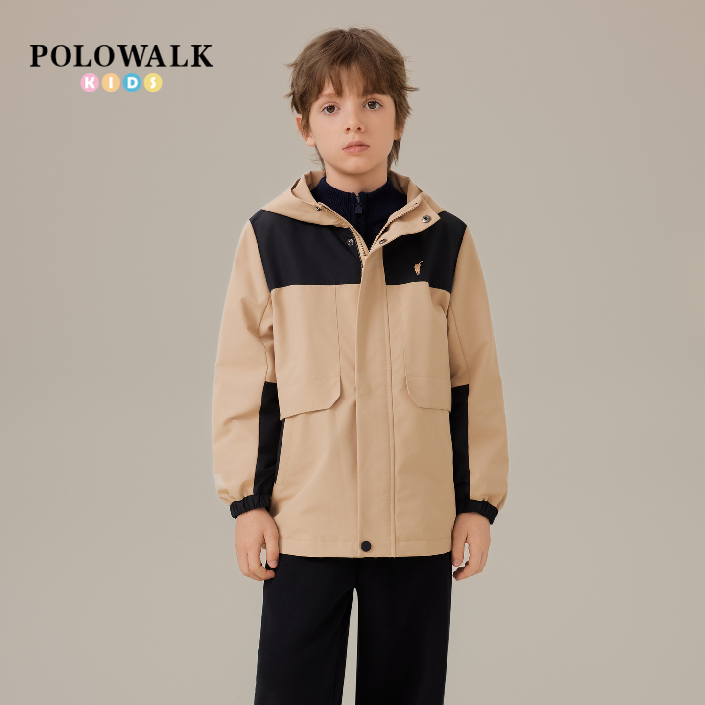 POLOWALK童装男童刺绣外套儿童加摇粒绒连帽保暖撞色外套